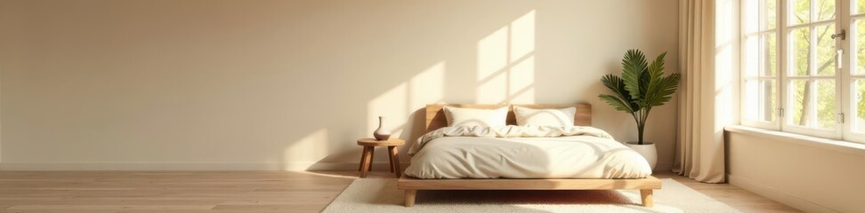 Empty wall mockup, beige bedroom, double bed, cozy furniture , clean, pillows, furniture