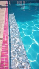 Geometric pink and blue pool tiles underwater Relaxing summer vacation scene , bright, cyan, aqua