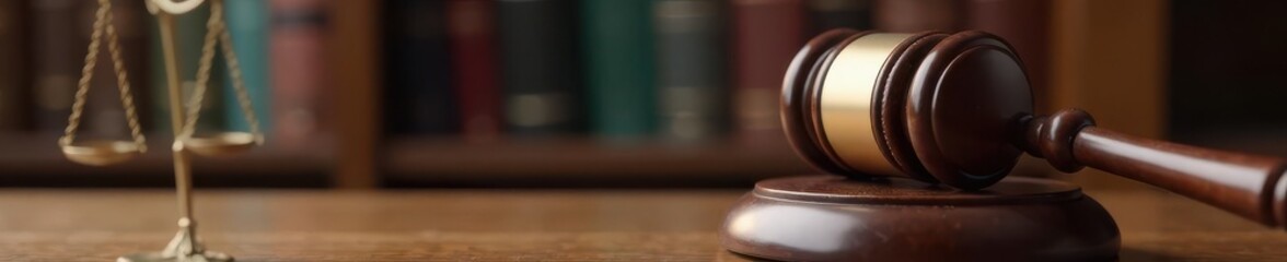 Lady Justice statue on mahogany desk, gavel nearby, symbol, concept