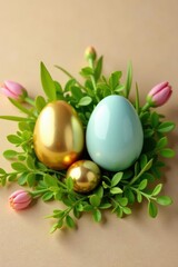 Gold & pastel Easter eggs nestled in spring greenery on beige, macro, background, branches