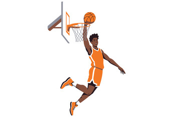Basketball Player Slam Dunking with Orange Uniform and Ball Near the Hoop. © Donjuan Studio