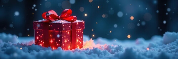 Luminous gift box in snow, red bow, falling snow, night , night, glowing, bright