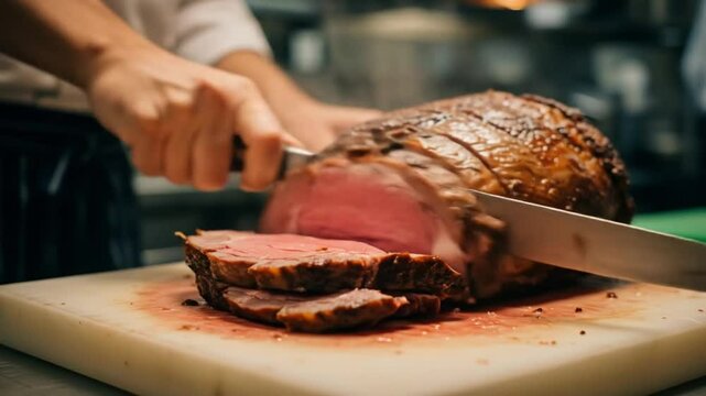 A perfectly roasted prime rib is being skillfully sliced inside a bustling restaurant kitchen with cinematic close-up detail.