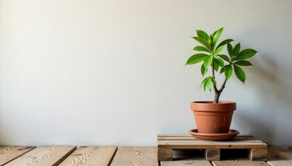 Potted plant on rustic wooden pallet, blank wall backdrop , fresh, bright, green