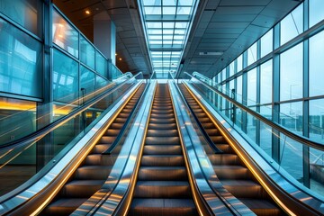 Modern escalators going up in contemporary building with glass walls and ceiling