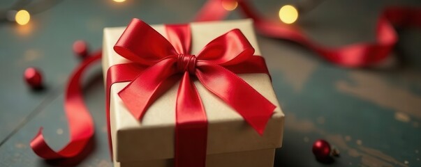 Rustic brown cardboard gift box with a bright red bow , simple, winter