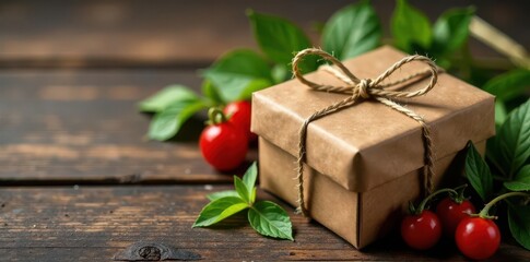 Rustic brown gift box, dried herbs, flowers Wooden background Father's Day , wooden, fathers day, floral