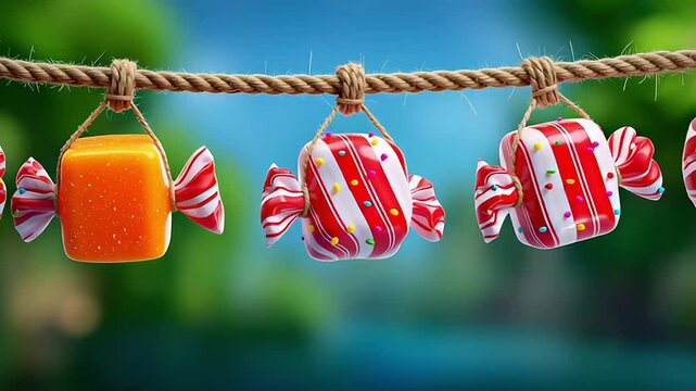 A wrapped candy&rsquo;s twisted ends shimmer, with lanterns glowing in a corner loop.