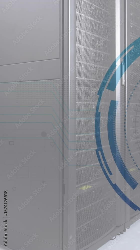 Poster animation of fingerprint in loading circles over data server racks in server room
