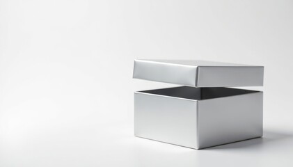 Sleek silver box, lid ajar, white backdrop Ideal for product display , container, white, mockup