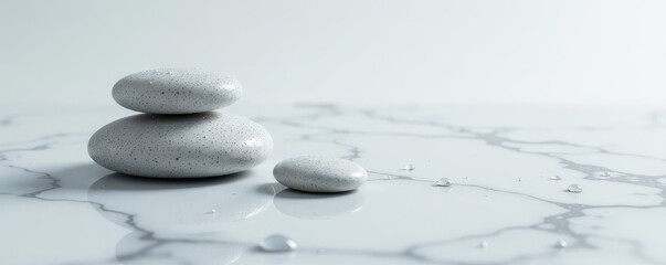 Smooth grey spa stones, water droplets on white marble background, therapy, tranquil, healing