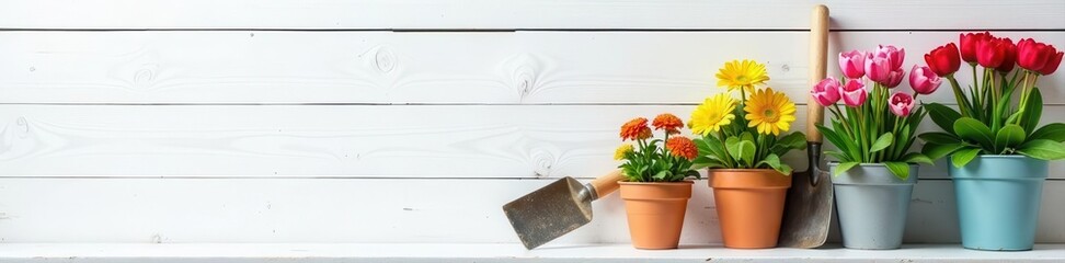 Spring gardening tools beside colorful potted flowers on white wood backdrop, floral, light