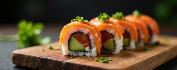 Sushi roll components in mid-air; clean backdrop , ingredients, design, menu