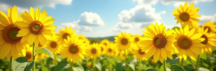 Vibrant yellow sunflowers fill frame, sunny day, sun, image