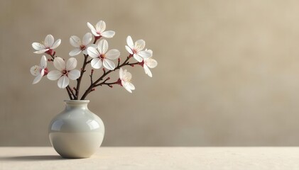 White cherry blossom branch, small grey vase, sandy backdrop Copy space , floral photography, elegant, photo