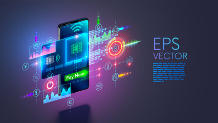 Virtual banking card. Isometric mobile phone, internet banking app, card. Online payment security transaction via credit card. Shopping wireless pay smartphone. Internet digital bank technology.