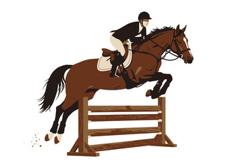 Equestrian Jumper Chestnut Horse and Rider Leaping Over Wooden Fence.