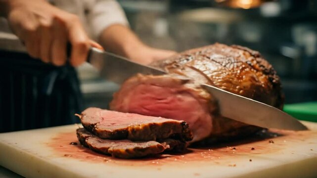 A cinematic close-up shows a perfectly roasted prime rib being expertly sliced in the lively and warm setting of a bustling restaurant kitchen.
