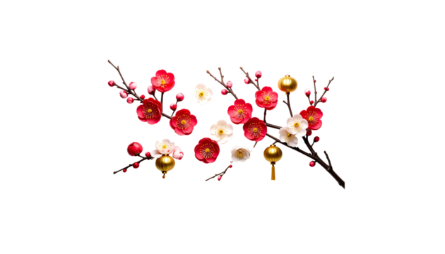 Red and yellow or red and white cherry blossoms on branches, show their beauty against a white background