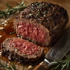 Close-up of a juicy Bistecca Fiorentina sliced to reveal a perfectly rare center, with meat juices glistening, rosemary and garlic scattered around, and a steak knife resting nearby.