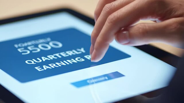 Hand Interacting with Tablet Screen Displaying Blue and White Financial Data in Close Up View