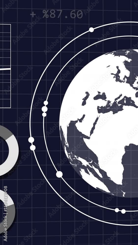 Poster animation of interface with spinning globe and statistical data processing against blue background