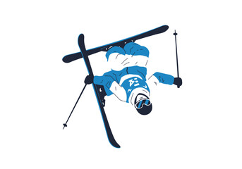 Freestyle Skier Performing Aerial Trick Blue and White Uniform Number 34.
