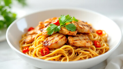 Delicious chicken stir fry noodles served in a white bowl, garnished with fresh parsley and vibrant red chili peppers.