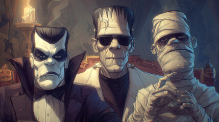 Three classic monsters pose together in stylish gothic setting. Vampire, Frankenstein’s monster and mummy.