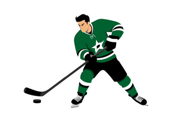 Fototapeta premium Hockey Player in Green Jersey with Puck and Stick Ready to Strike.