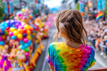 Young woman in rainbow shirt watching colorful pride parade in a big city