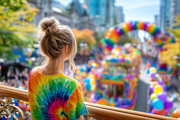Young woman in rainbow shirt watching colorful pride parade in a big city