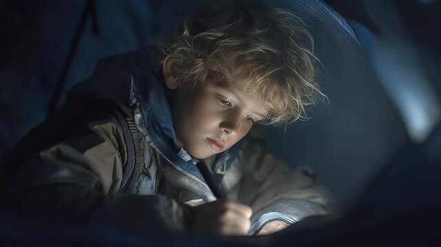 _Child writing letter home in sleeping bag at summer camp