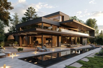 Obraz premium Luxurious modern villa featuring a swimming pool, patio furniture, and lush landscaping, creating a serene and inviting atmosphere at sunset