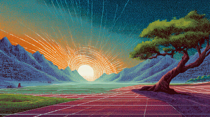 A retro 8-bit pixel art landscape captures serene mountains and a peaceful lake, bathed in the vibrant light rays of a stylized sunrise or sunset.