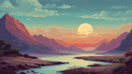 A retro 8-bit pixel art landscape captures serene mountains and a peaceful lake, bathed in the vibrant light rays of a stylized sunrise or sunset.
