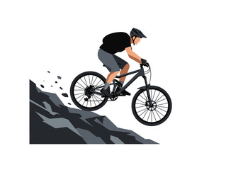 Mountain biker in black helmet riding a gray bike off a cliff.