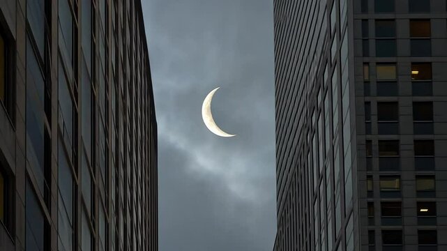A celestial rendezvous a crescent moon dances between urban monoliths