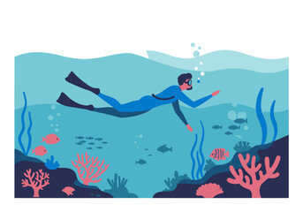 Scuba Diver in Blue Wetsuit Swimming Underwater with Coral Reefs and Fish.