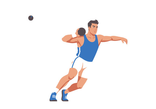 Shot put athlete in blue tank top preparing to throw the ball.