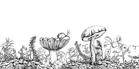 Birch bolete cep russula scaber stalk mushroom, snail, horsetail plant, cranberry lingonberry berries twigs on top of moss cushion with spore stalks. Seamless banner header hand drawn in vector ink © Elena