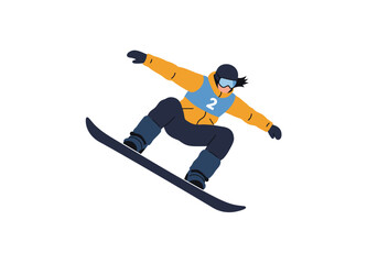 Obraz premium Snowboarder in Action Yellow Jacket Blue Vest and Dark Snowboard.