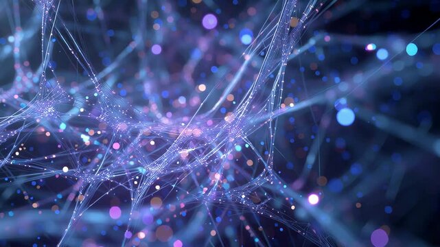 The image is a colorful and intricate web of purple and blue lines and dots. The lines are arranged in a way that creates a sense of movement and depth, while the dots add a sense of texture