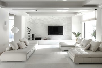 Fototapeta premium Bright, spacious living room featuring white furniture, textured wall, and modern entertainment system, creating a luxurious and minimalist atmosphere
