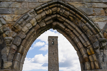 St Rule's tower and the ruins of St. Andrews Cathedral in Scotland