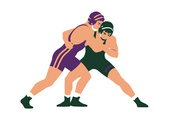 Two wrestlers in a grappling hold wearing singlets and headgear in a dynamic pose.