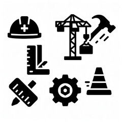 Construction Icon Set Black Pictogram Silhouettes, Sign & Symbol Collection for Design Projects