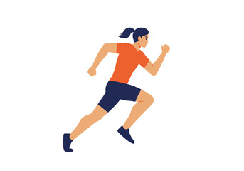 Woman Running in Orange Shirt and Blue Shorts Ponytail Hairstyle Athletic Pose.