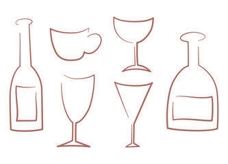 Set of hand drawn glass  bottles and glasses of wine. Decorative vector icons bottles and glasses.