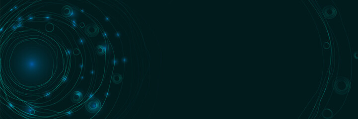 Dynamic vector design of concentric circles and glowing particles on dark background, creating abstract futuristic effect for illustrations on cyberspace, artificial intelligence, big data.